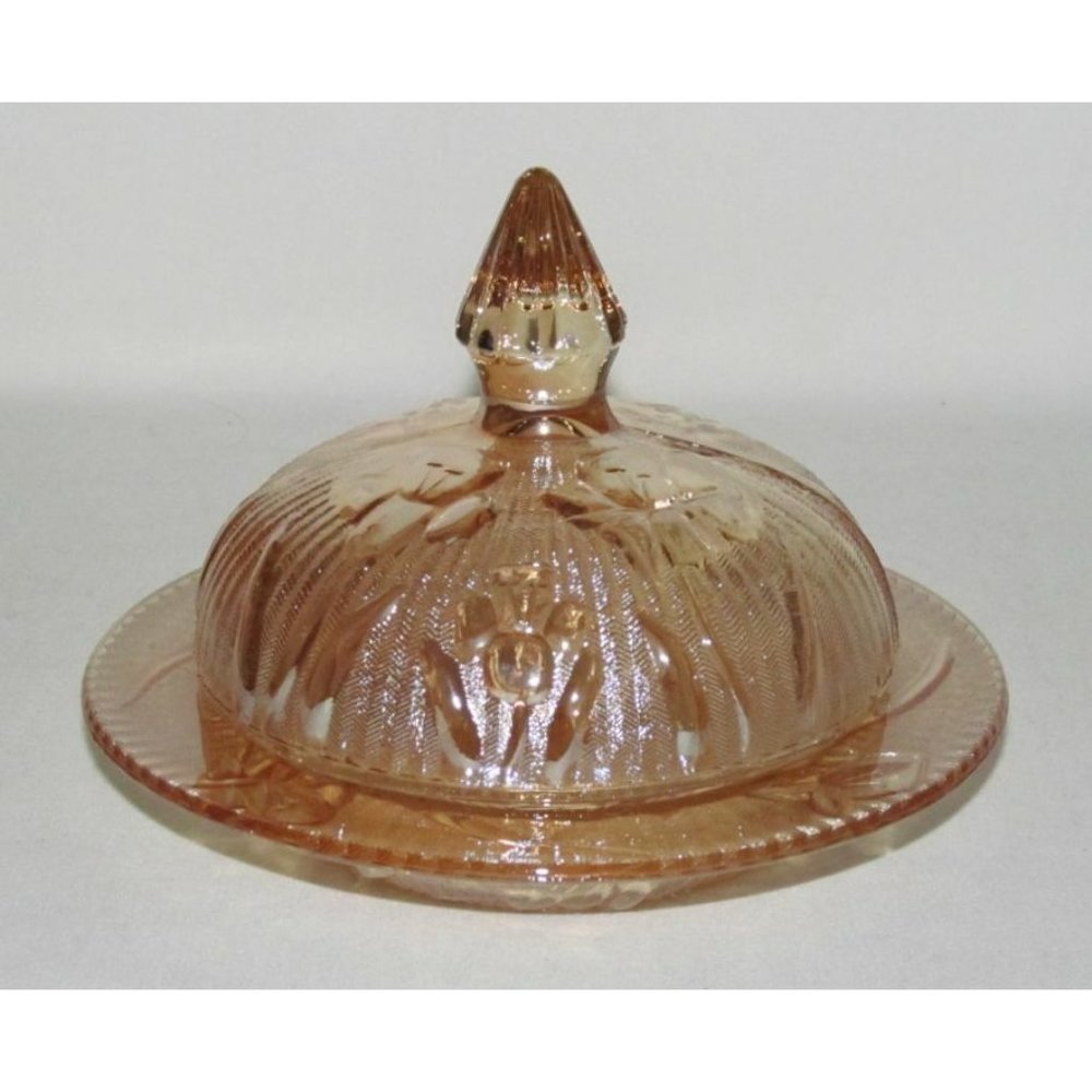Jeannette Glass IRIS AND HERRINGBONE Marigold Iridescent Butter Dish with Lid